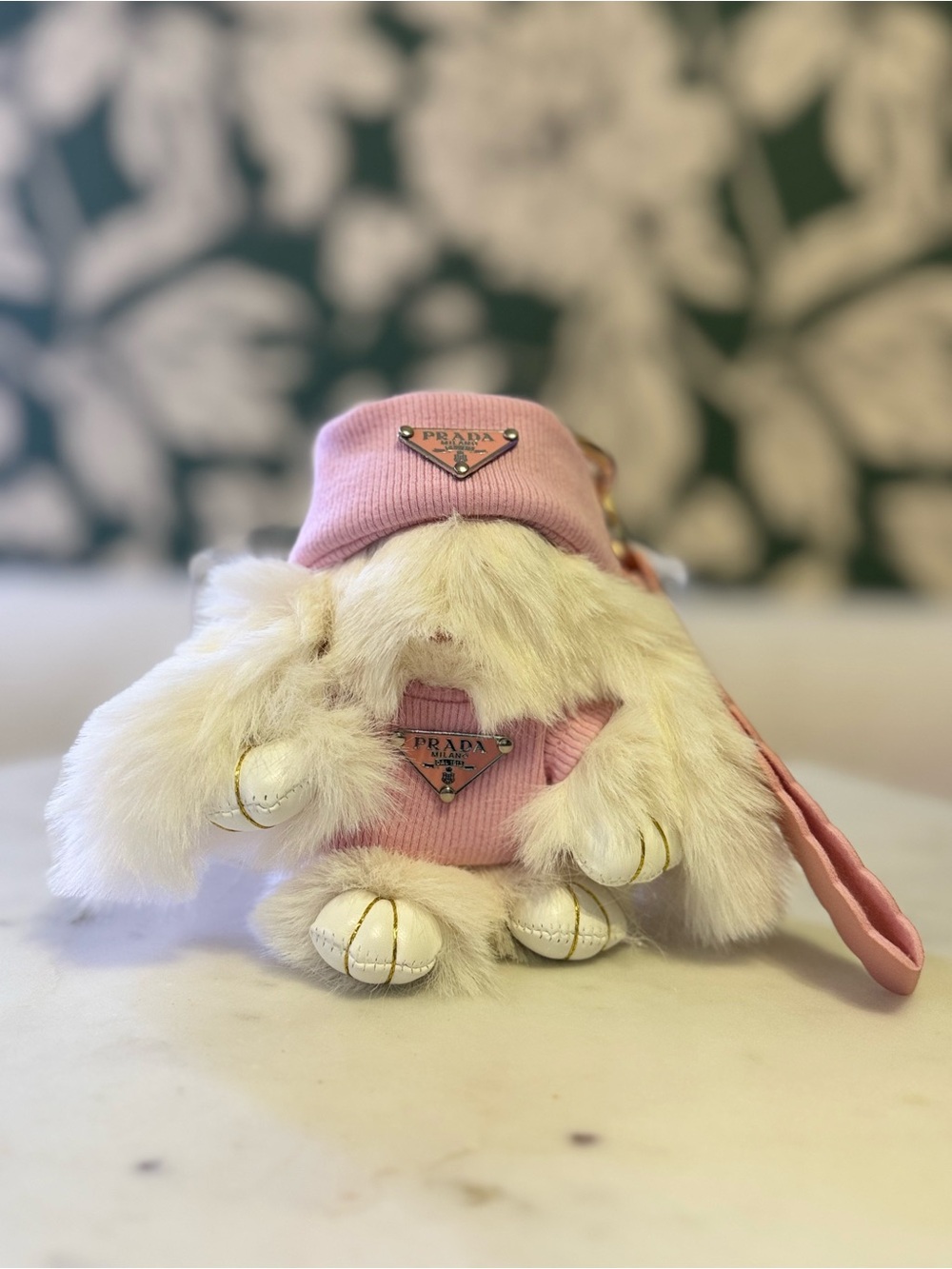 Fashion Furry Bunny Bag Charm with Logo Dress, Bow & Wristlet Strap